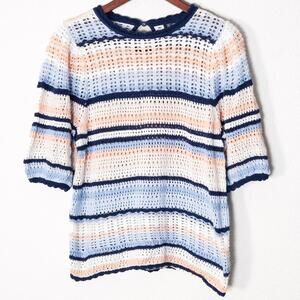 INC Crochet Sweater Size XL Pastel Blue Peach Coastal Boho Cottagecore